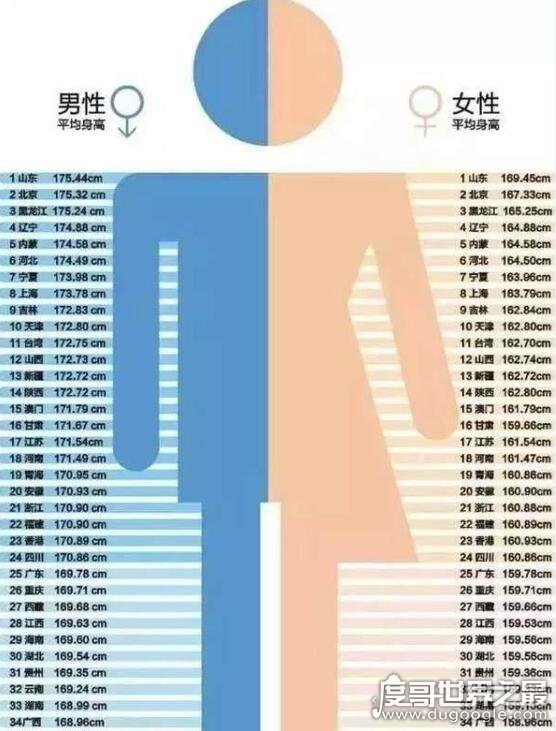 中国各省男女平均身高表，山东最高(男性平均身高在1.75以上)