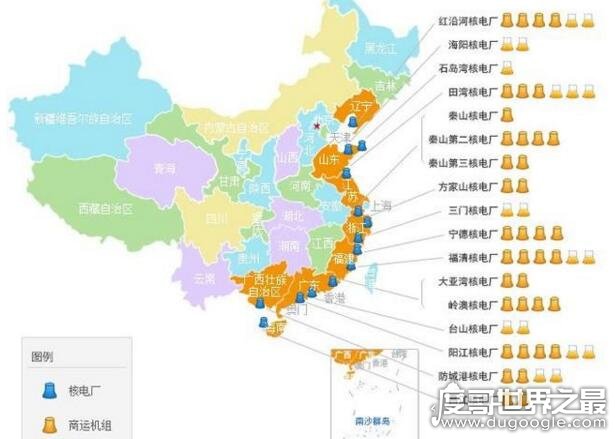 2019中国核电站分布图，截止2018年共计22座(其中11座在建)