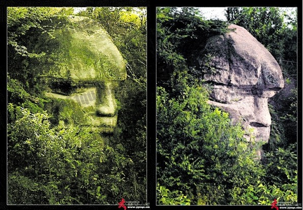 左图：2005年4月的“人头石”。右图：2008年10月的““人头石”