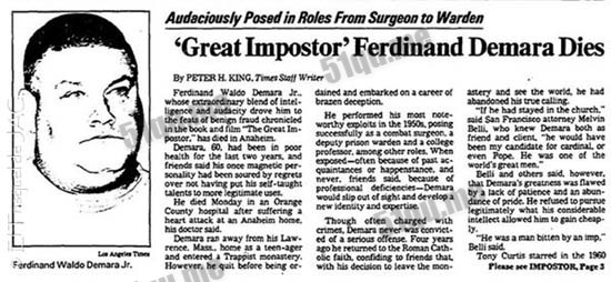报纸对费迪南德·沃尔多·德马拉(Ferdinand Waldo Demara, Jr.)的报道