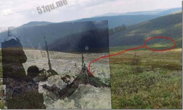 合并现场新旧照片、红线显示为罹难登山队员逃离的方向