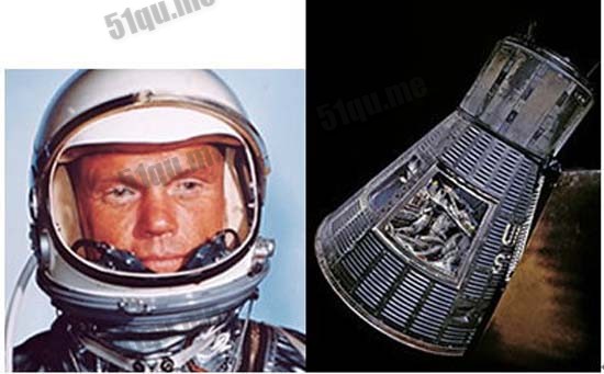 左图：约翰.格伦（John Glenn）、右图：约翰.格伦搭乘的友谊七号太空舱
