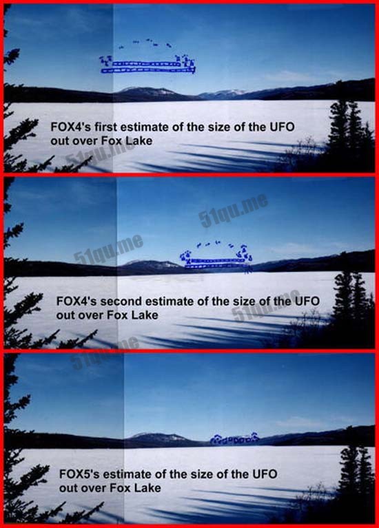 众多目击者之一，回想起该两排的巨型UFO、出现在福克斯湖泊南边上方的角度。