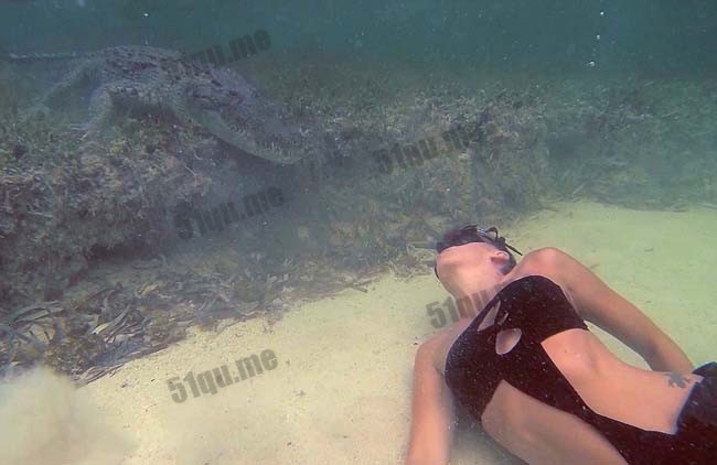 意大利美女模特与鳄鱼水下同游